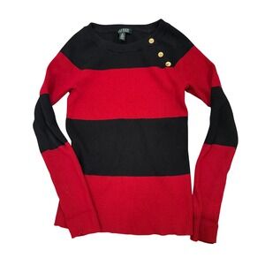 Lauren Ralph Lauren Stripe Sweater Large Red Navy Gold Button Crew Neck Knit